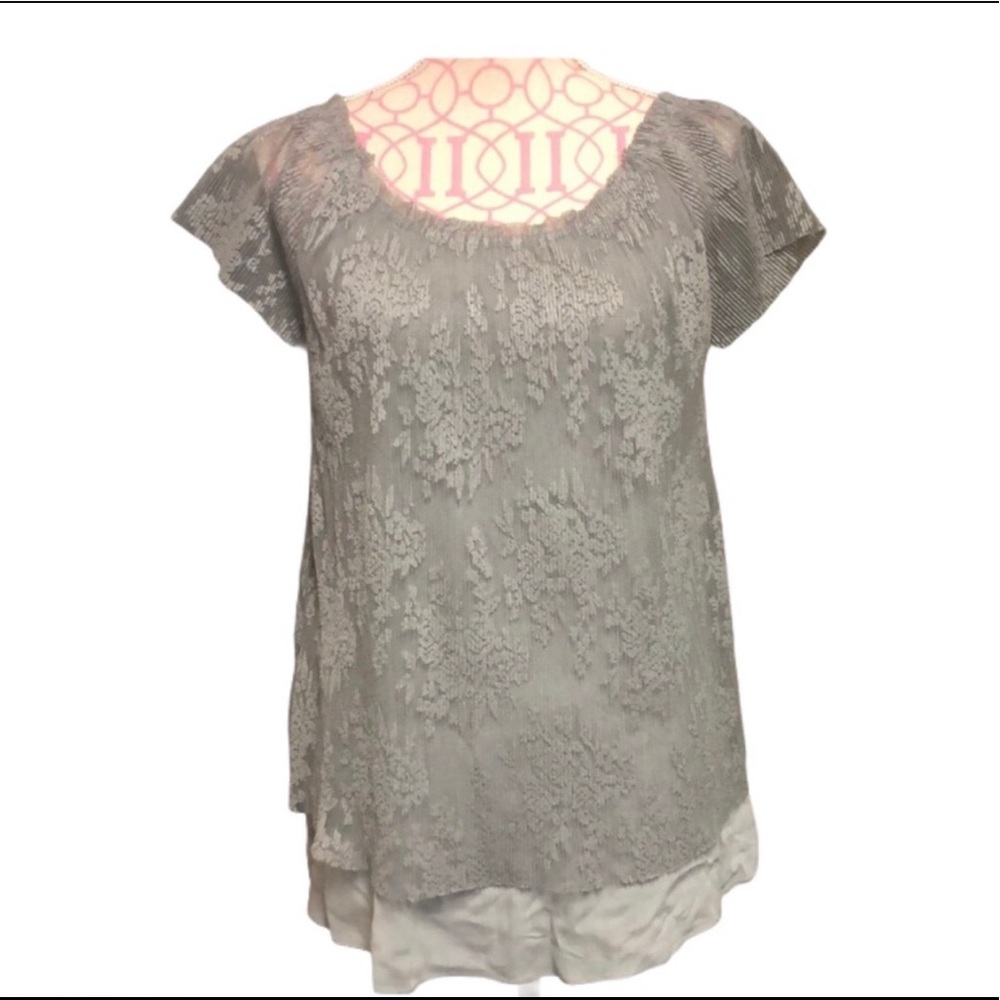 Umgee Pleated Floral Blouse Embroidered Tulle EUC